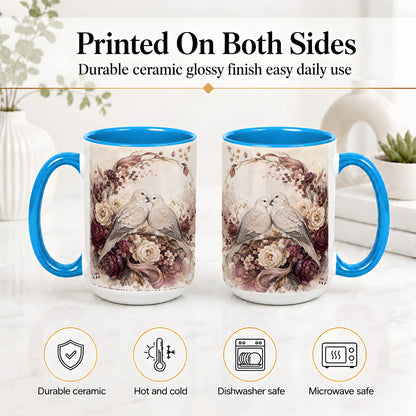 #pl[15oz|Blue] Romantic Doves Ceramic Coffee Cup, Mug with Floral Wreath Artwork