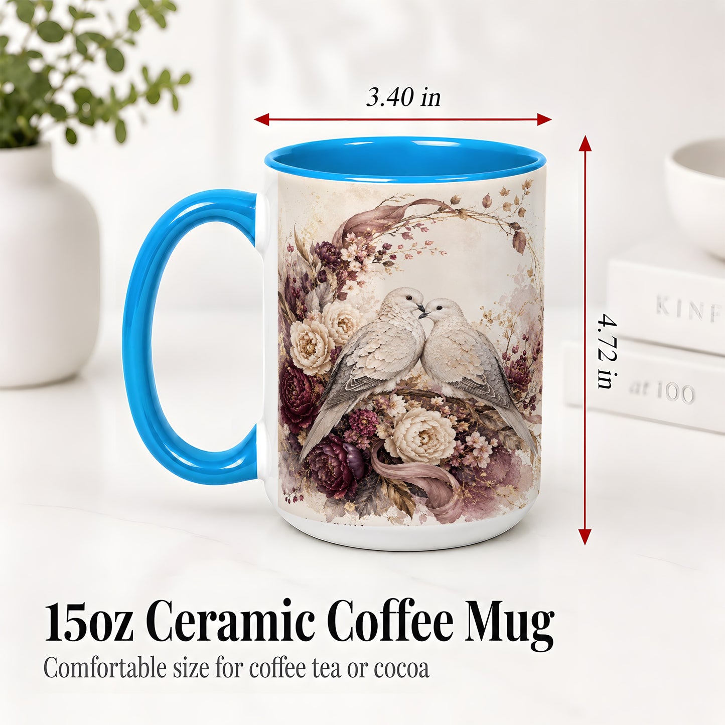 #pl[15oz|Blue] Romantic Doves Ceramic Coffee Cup, Mug with Floral Wreath Artwork