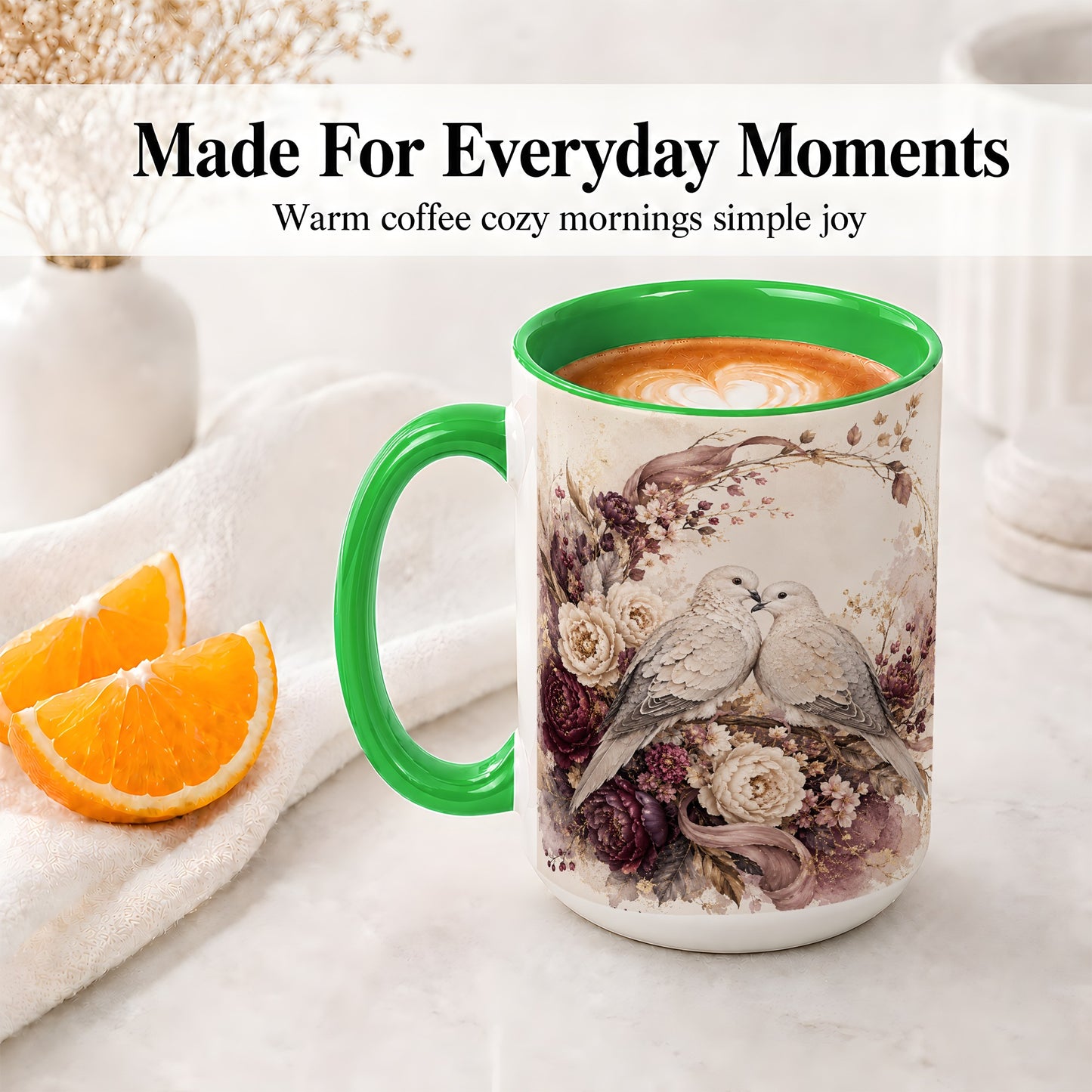 #pl[15oz|Green] Romantic Doves Ceramic Coffee Cup, Mug with Floral Wreath Artwork