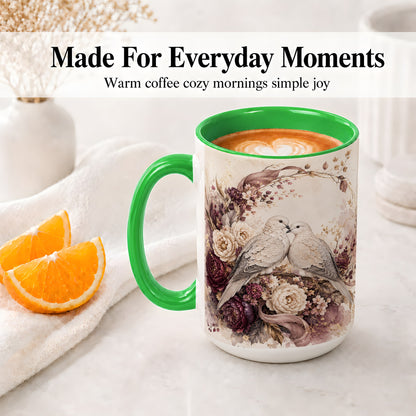 #pl[15oz|Green] Romantic Doves Ceramic Coffee Cup, Mug with Floral Wreath Artwork