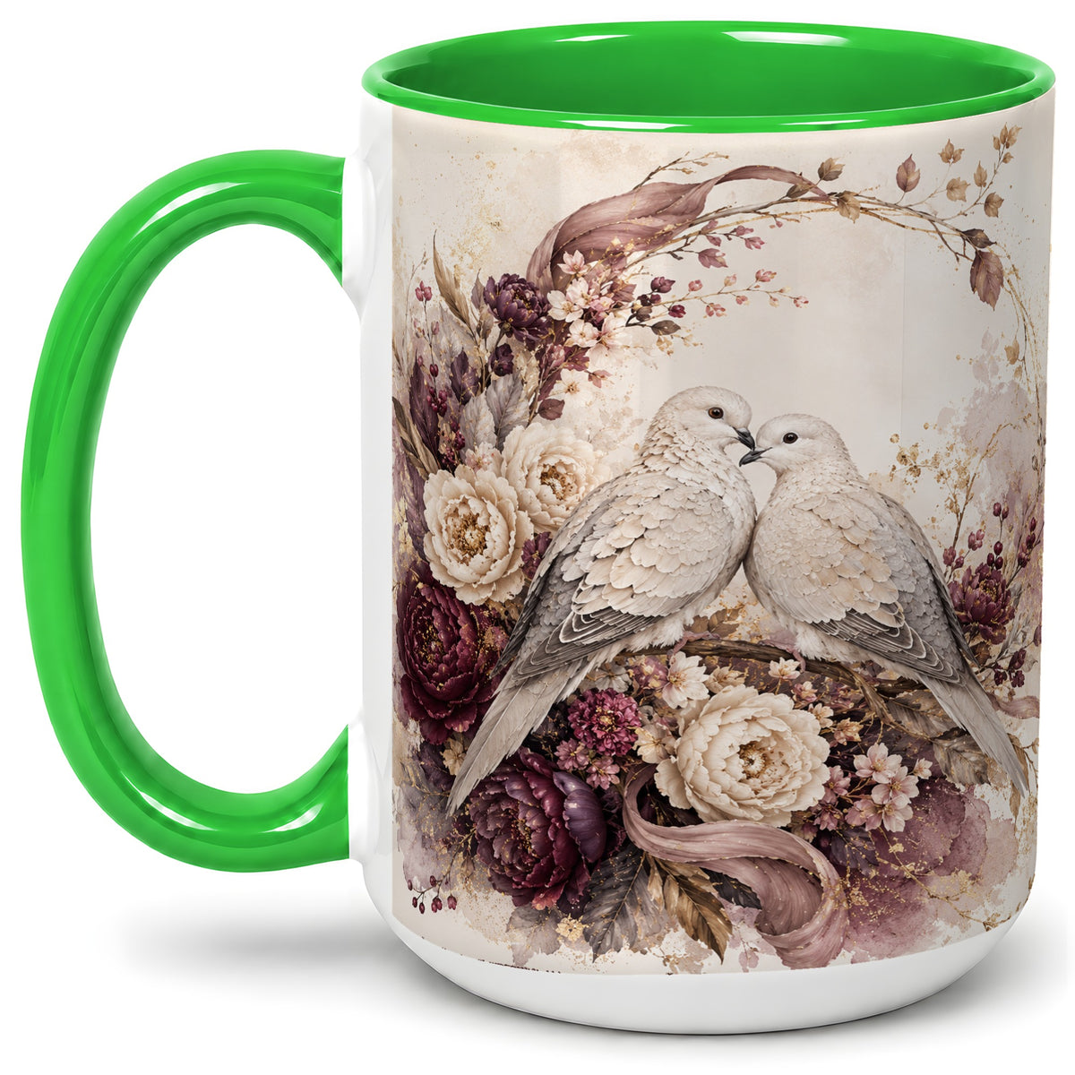 #pl[15oz|Green] Romantic Doves Ceramic Coffee Cup, Mug with Floral Wreath Artwork