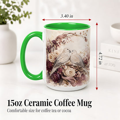 #pl[15oz|Green] Romantic Doves Ceramic Coffee Cup, Mug with Floral Wreath Artwork