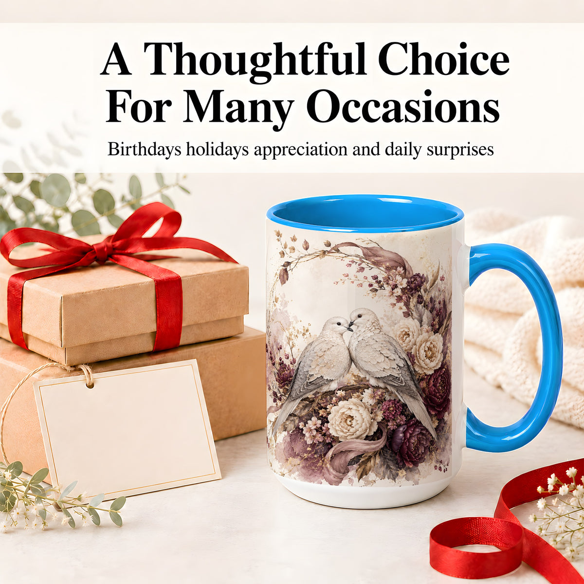 #pl[15oz|Blue] Romantic Doves Ceramic Coffee Cup, Mug with Floral Wreath Artwork