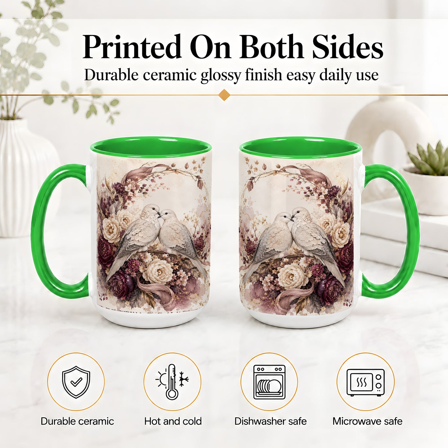 #pl[15oz|Green] Romantic Doves Ceramic Coffee Cup, Mug with Floral Wreath Artwork