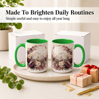 #pl[15oz|Green] Romantic Doves Ceramic Coffee Cup, Mug with Floral Wreath Artwork