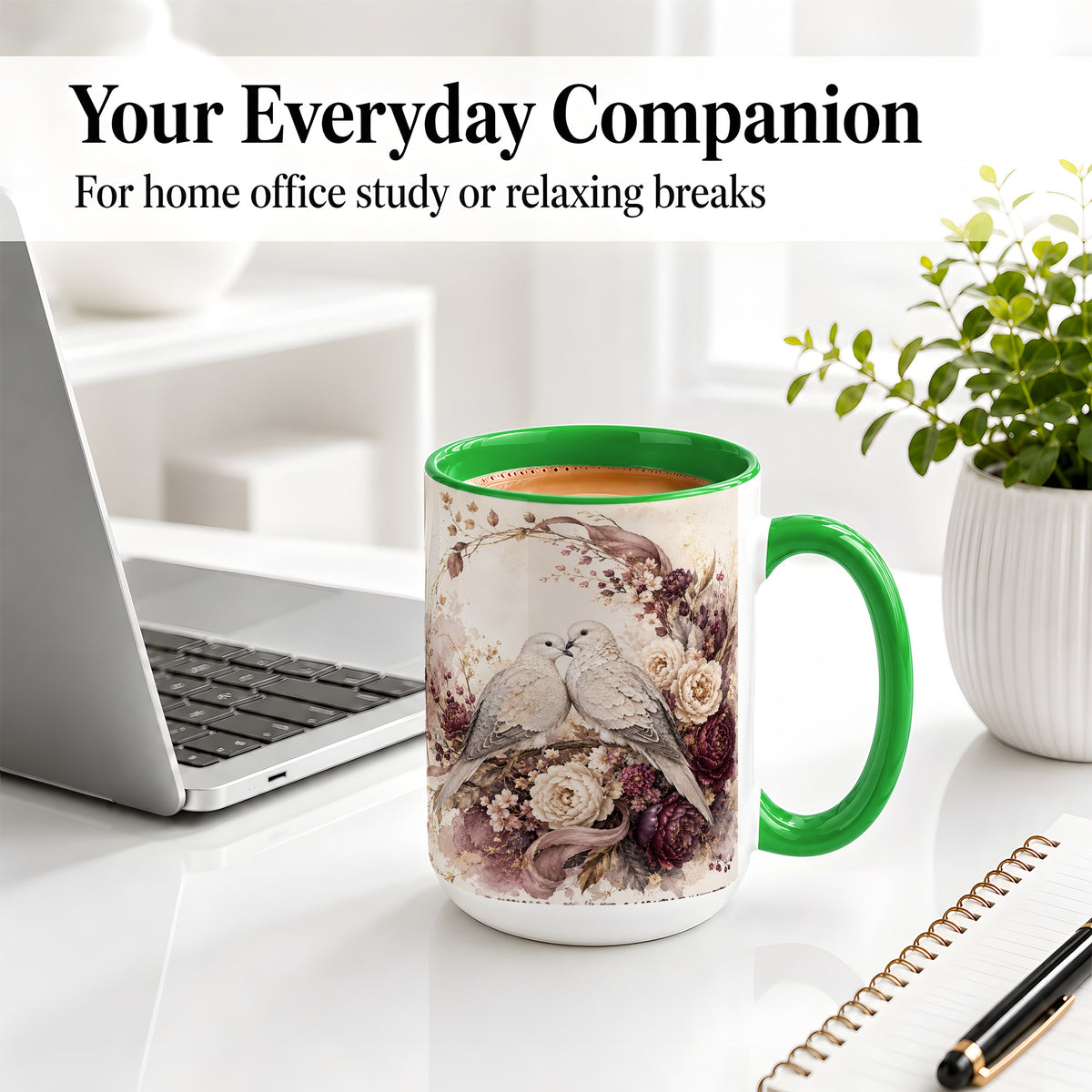 #pl[15oz|Green] Romantic Doves Ceramic Coffee Cup, Mug with Floral Wreath Artwork