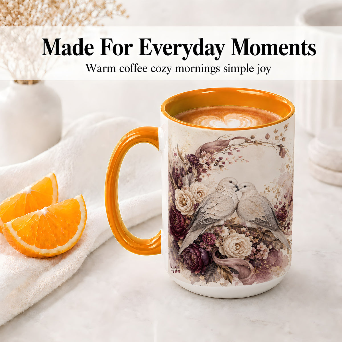 #pl[15oz|Orange] Romantic Doves Ceramic Coffee Cup, Mug with Floral Wreath Artwork
