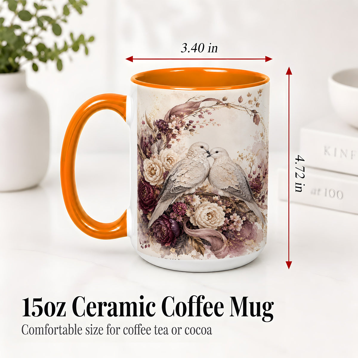 #pl[15oz|Orange] Romantic Doves Ceramic Coffee Cup, Mug with Floral Wreath Artwork