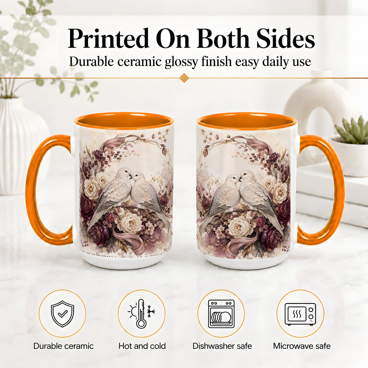 #pl[15oz|Orange] Romantic Doves Ceramic Coffee Cup, Mug with Floral Wreath Artwork