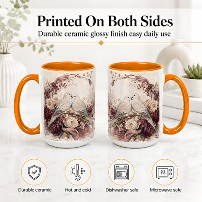 #pl[15oz|Orange] Romantic Doves Ceramic Coffee Cup, Mug with Floral Wreath Artwork