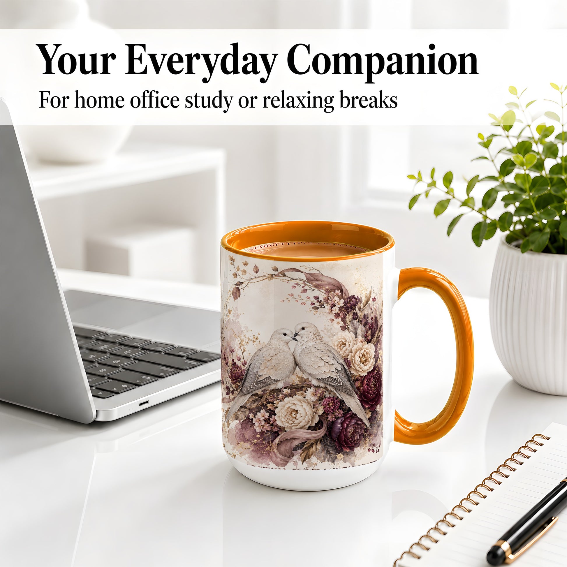 #pl[15oz|Orange] Romantic Doves Ceramic Coffee Cup, Mug with Floral Wreath Artwork