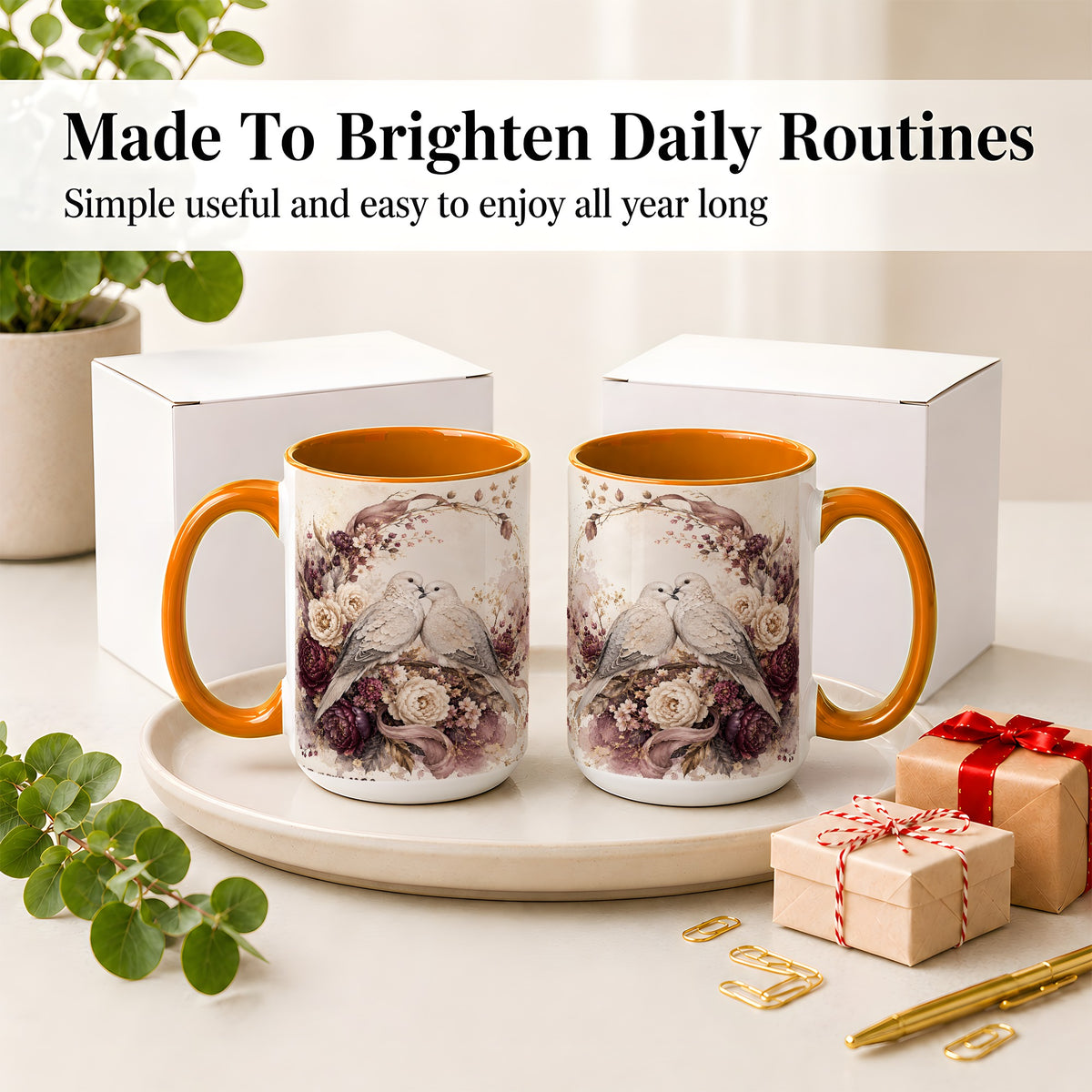 #pl[15oz|Orange] Romantic Doves Ceramic Coffee Cup, Mug with Floral Wreath Artwork
