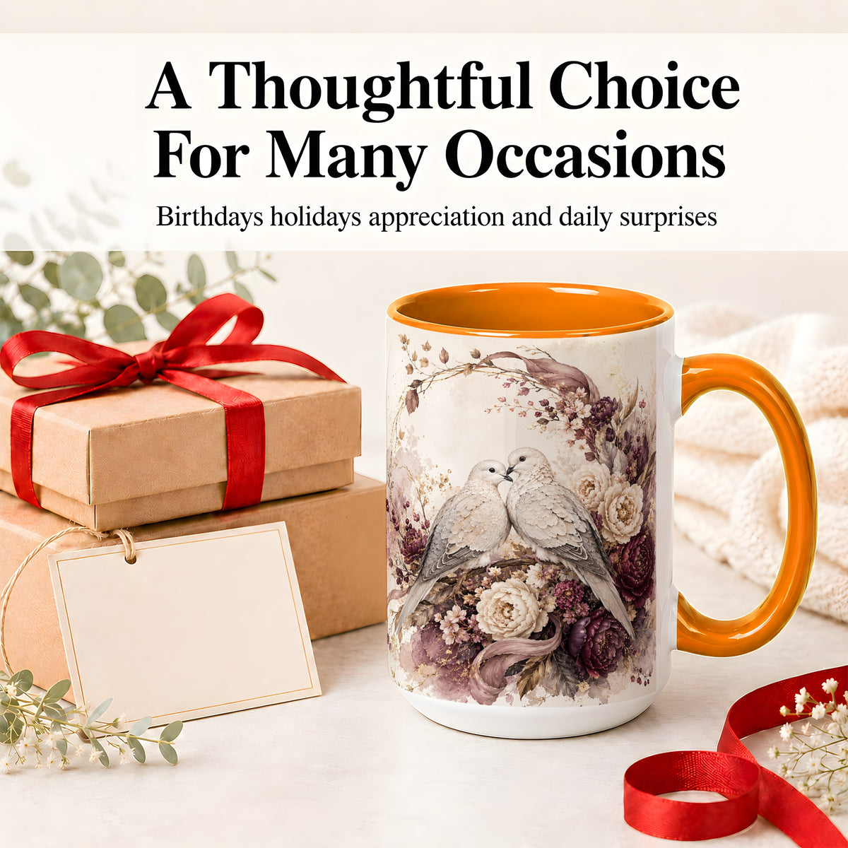 #pl[15oz|Orange] Romantic Doves Ceramic Coffee Cup, Mug with Floral Wreath Artwork