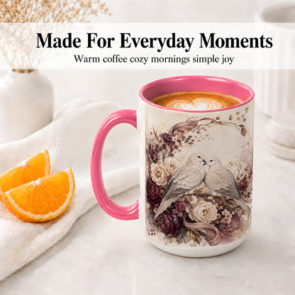 #pl[15oz|Pink] Romantic Doves Ceramic Coffee Cup, Mug with Floral Wreath Artwork