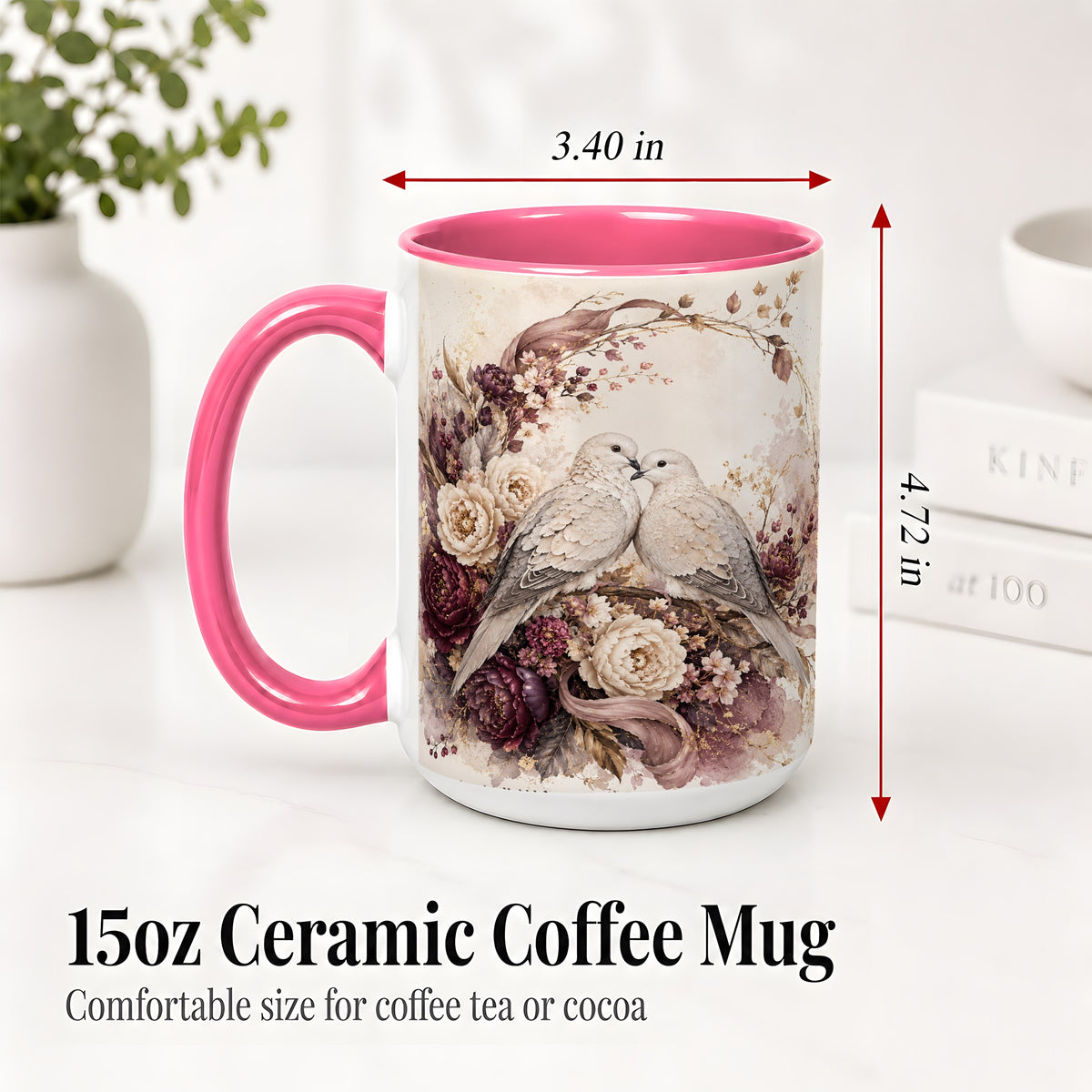 #pl[15oz|Pink] Romantic Doves Ceramic Coffee Cup, Mug with Floral Wreath Artwork