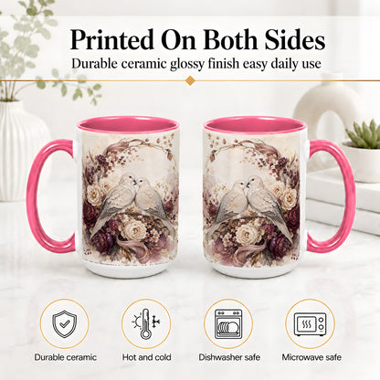 #pl[15oz|Pink] Romantic Doves Ceramic Coffee Cup, Mug with Floral Wreath Artwork