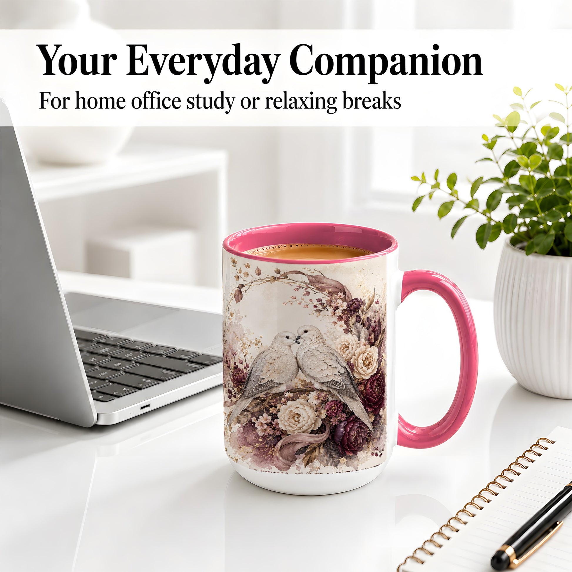 #pl[15oz|Pink] Romantic Doves Ceramic Coffee Cup, Mug with Floral Wreath Artwork