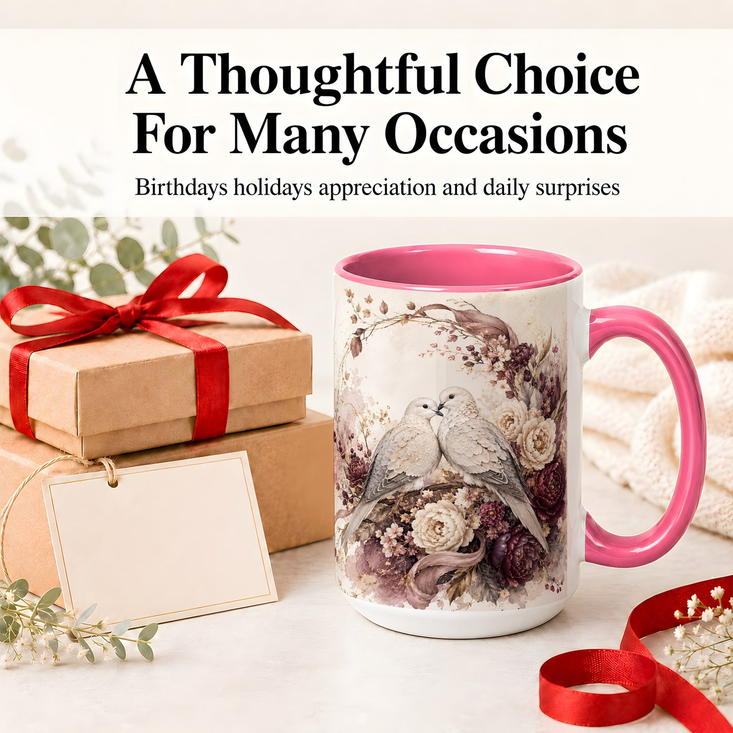 #pl[15oz|Pink] Romantic Doves Ceramic Coffee Cup, Mug with Floral Wreath Artwork