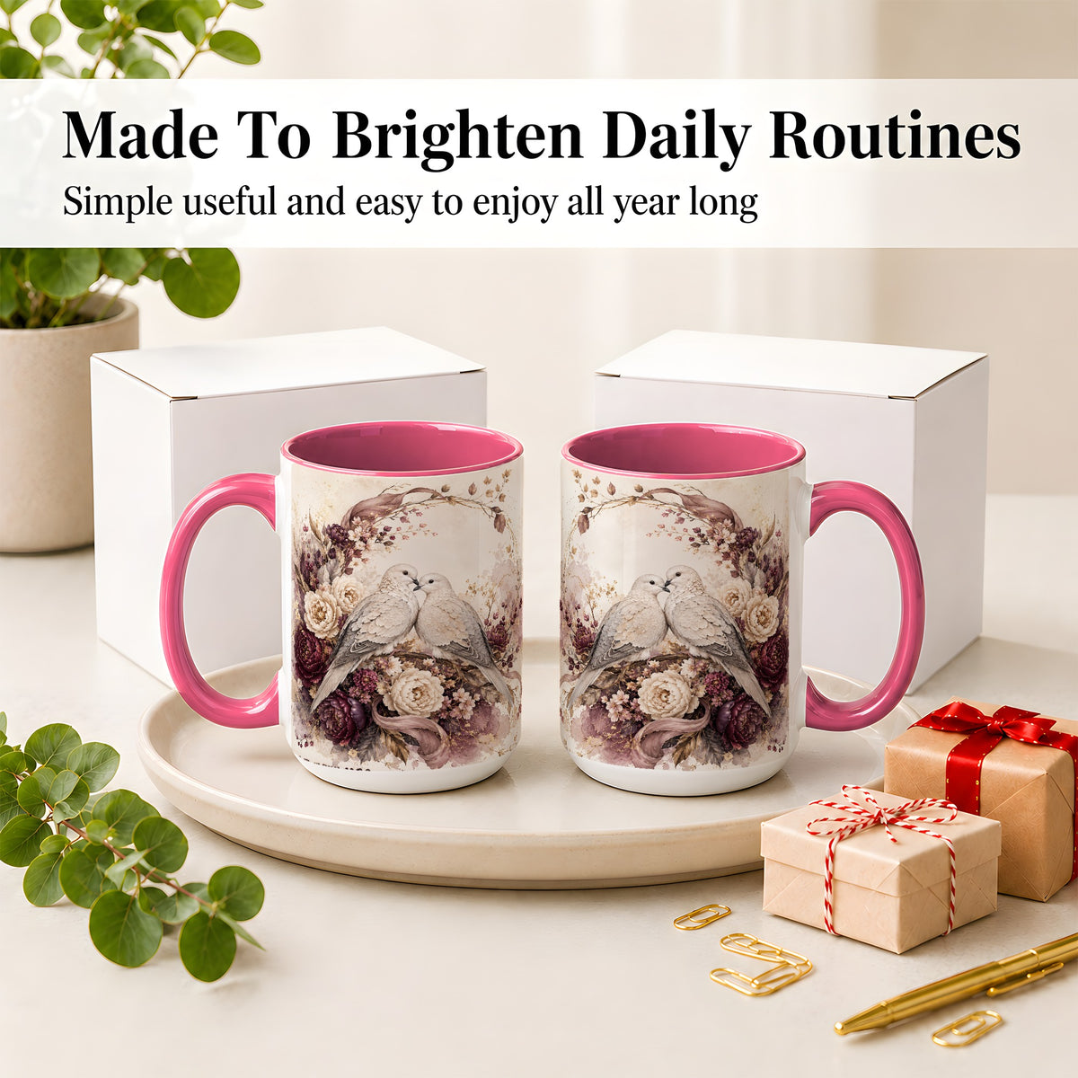 #pl[15oz|Pink] Romantic Doves Ceramic Coffee Cup, Mug with Floral Wreath Artwork