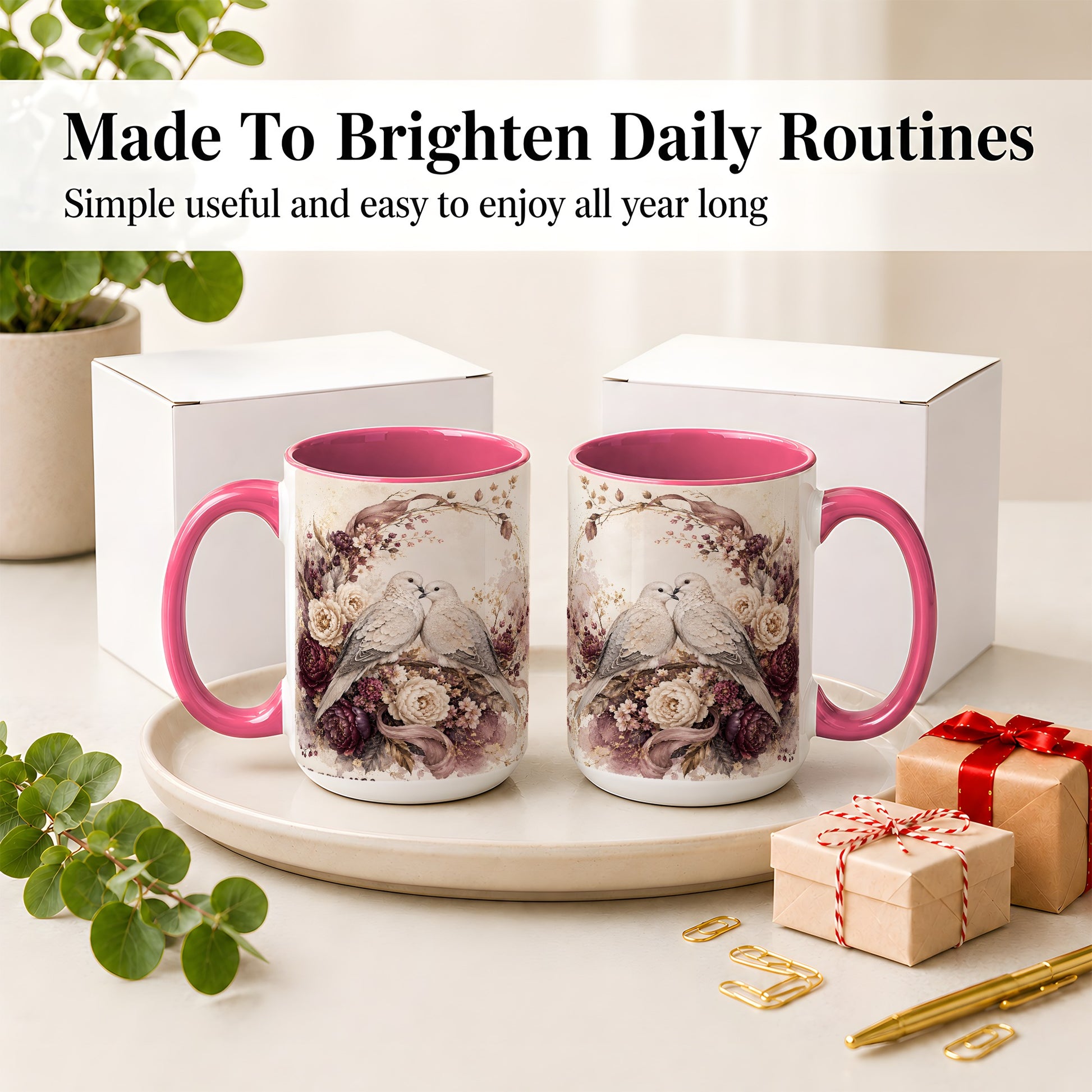 #pl[15oz|Pink] Romantic Doves Ceramic Coffee Cup, Mug with Floral Wreath Artwork