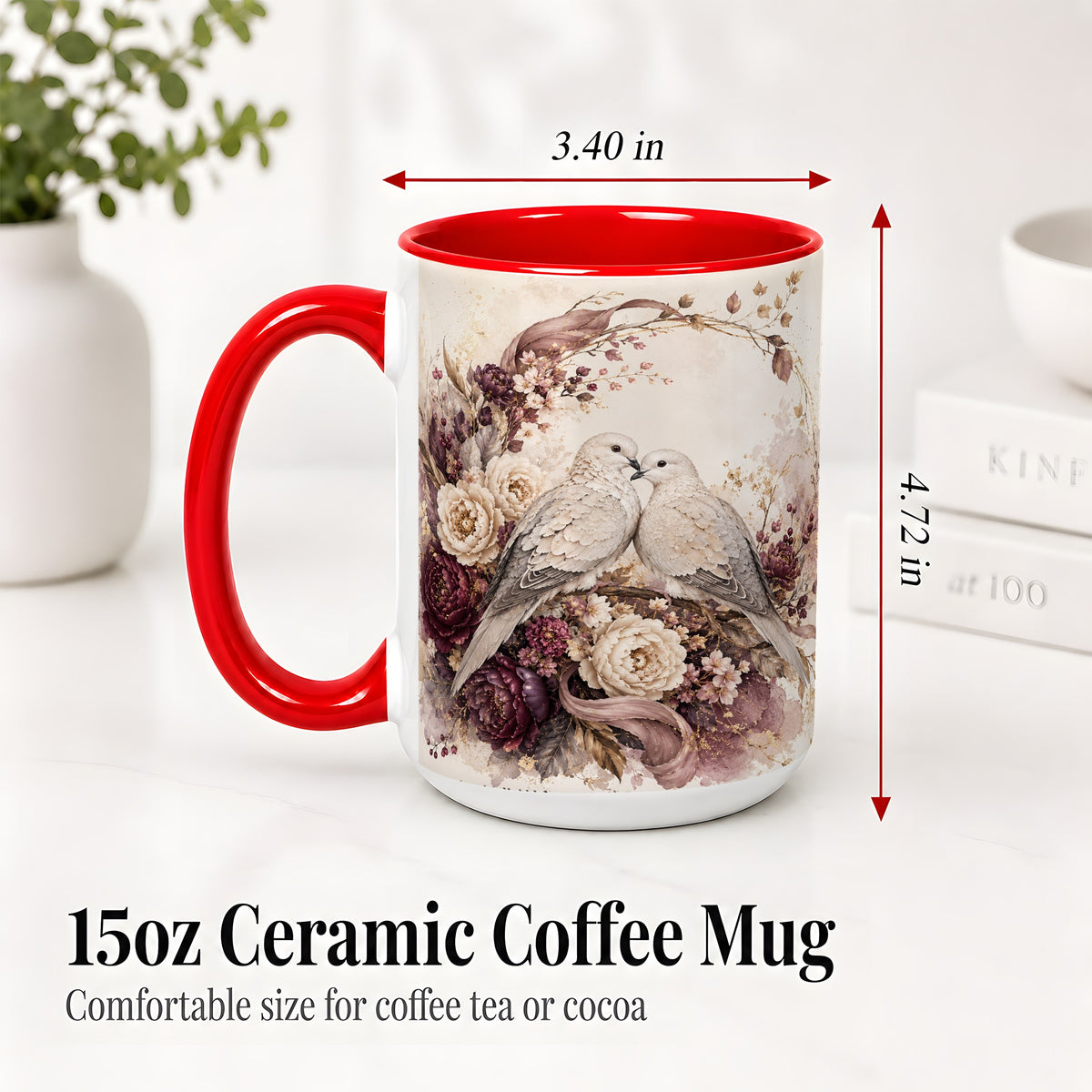 #pl[15oz|Red] Romantic Doves Ceramic Coffee Cup, Mug with Floral Wreath Artwork