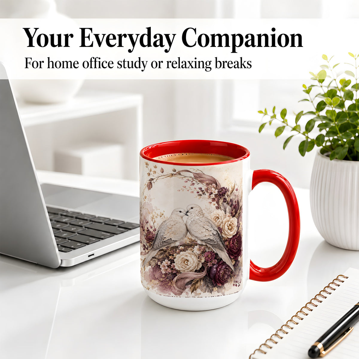 #pl[15oz|Red] Romantic Doves Ceramic Coffee Cup, Mug with Floral Wreath Artwork