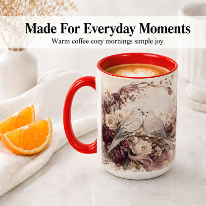 #pl[15oz|Red] Romantic Doves Ceramic Coffee Cup, Mug with Floral Wreath Artwork