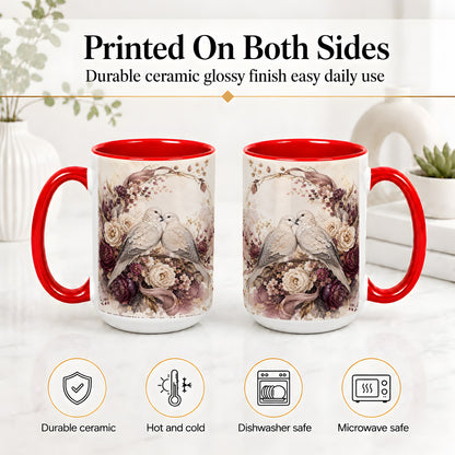#pl[15oz|Red] Romantic Doves Ceramic Coffee Cup, Mug with Floral Wreath Artwork
