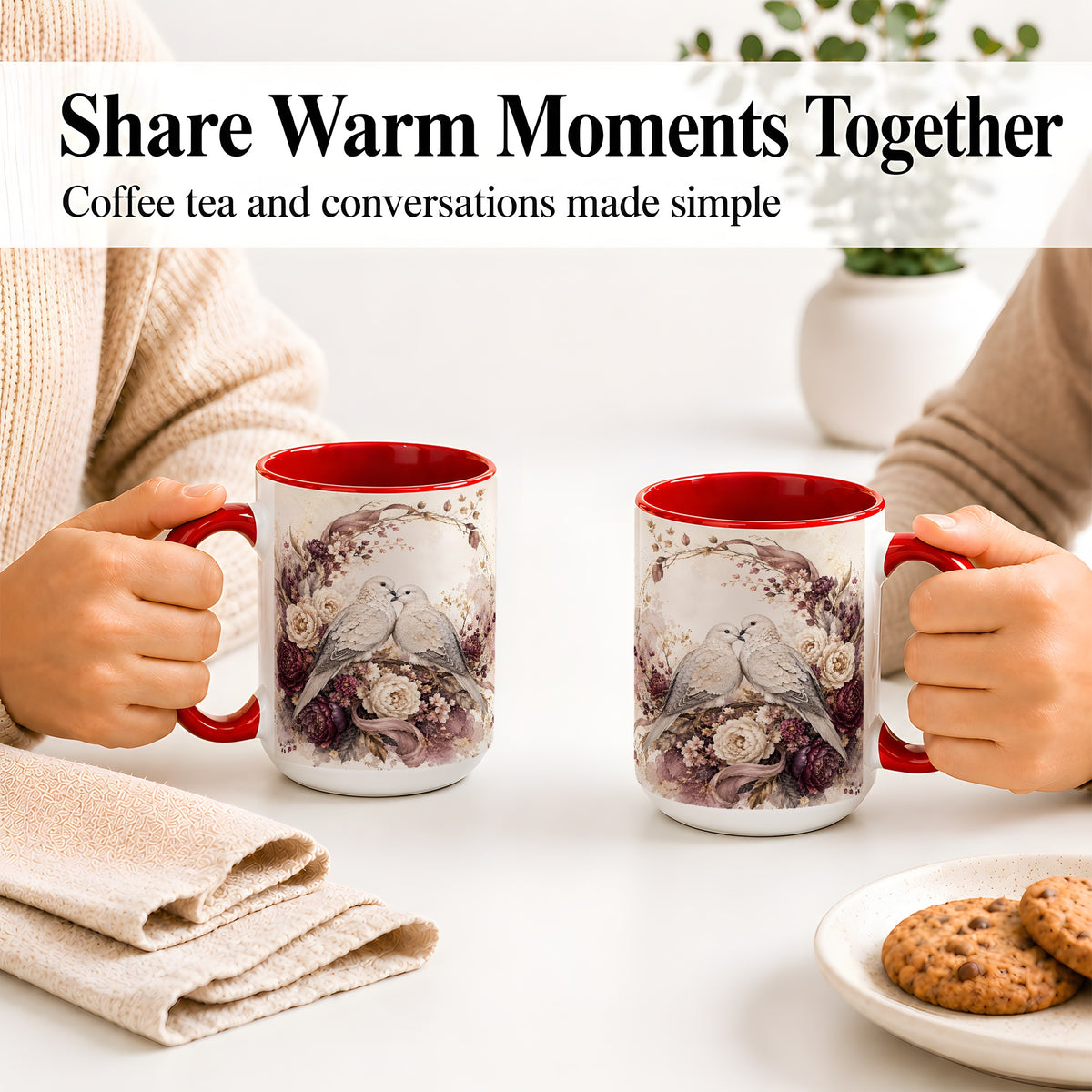 #pl[15oz|Red] Romantic Doves Ceramic Coffee Cup, Mug with Floral Wreath Artwork