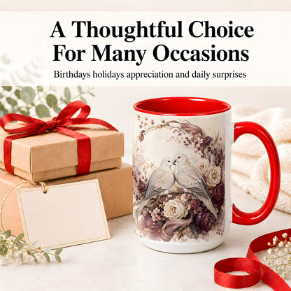 #pl[15oz|Red] Romantic Doves Ceramic Coffee Cup, Mug with Floral Wreath Artwork