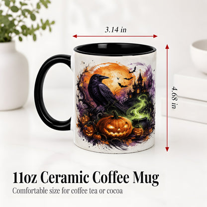 #pl[11oz|Black] Halloween Raven Ceramic Coffee Cup, Mug with Pumpkin Artwork