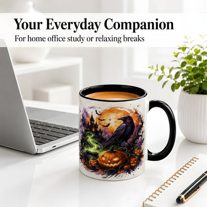 #pl[11oz|Black] Halloween Raven Ceramic Coffee Cup, Mug with Pumpkin Artwork