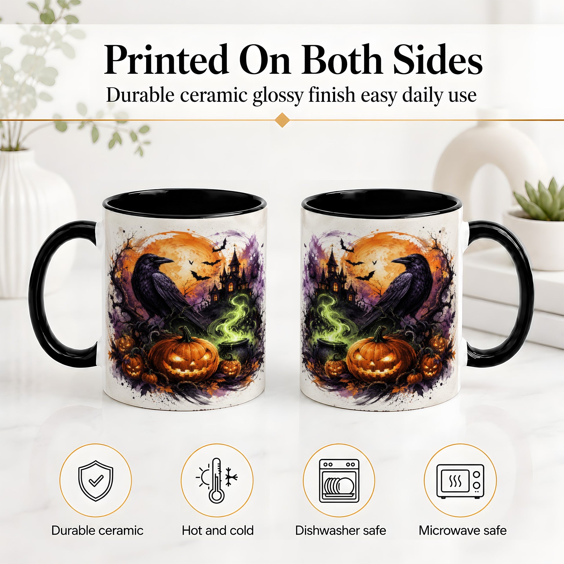 #pl[11oz|Black] Halloween Raven Ceramic Coffee Cup, Mug with Pumpkin Artwork