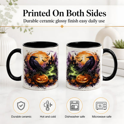 #pl[11oz|Black] Halloween Raven Ceramic Coffee Cup, Mug with Pumpkin Artwork