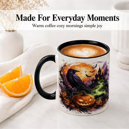 #pl[11oz|Black] Halloween Raven Ceramic Coffee Cup, Mug with Pumpkin Artwork