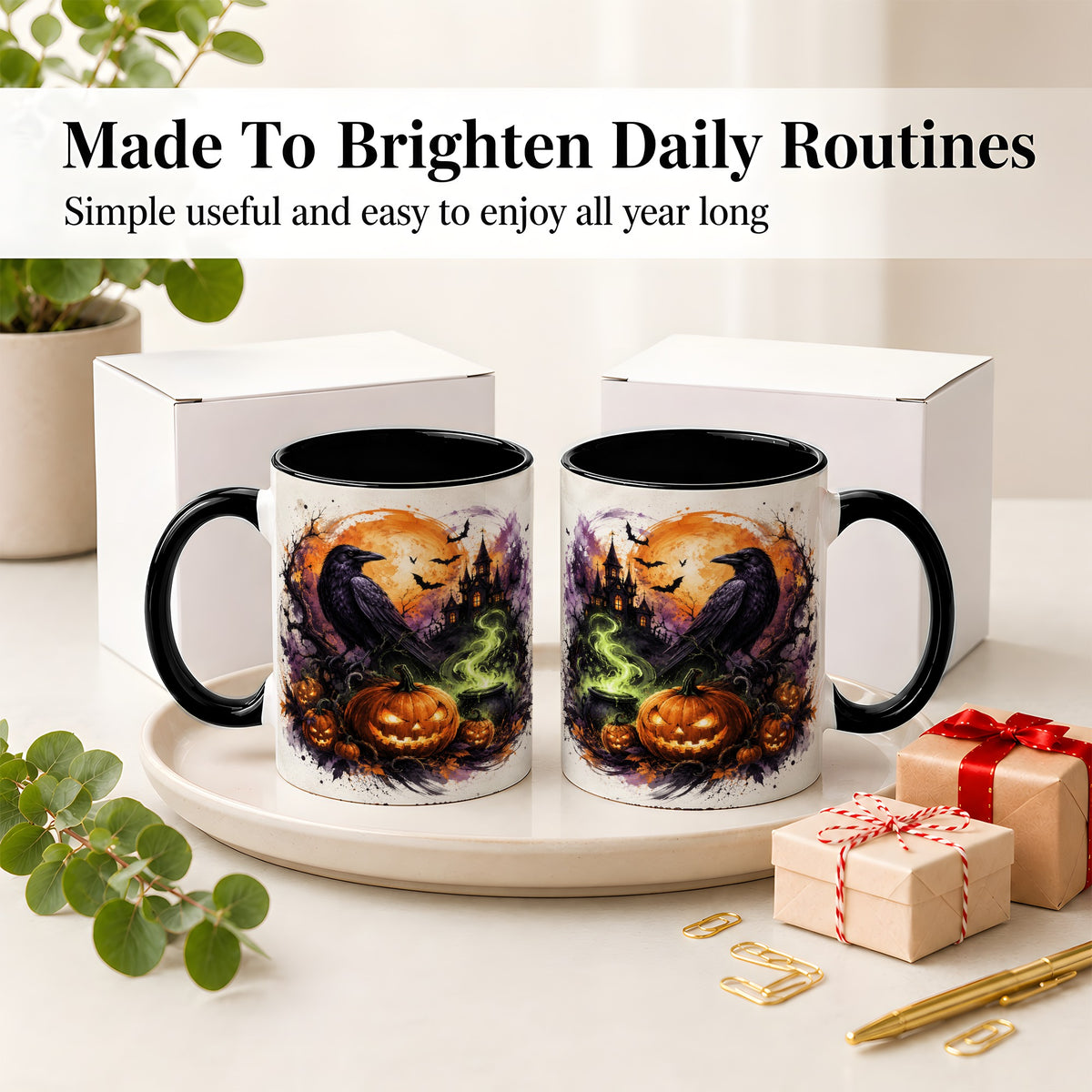 #pl[11oz|Black] Halloween Raven Ceramic Coffee Cup, Mug with Pumpkin Artwork