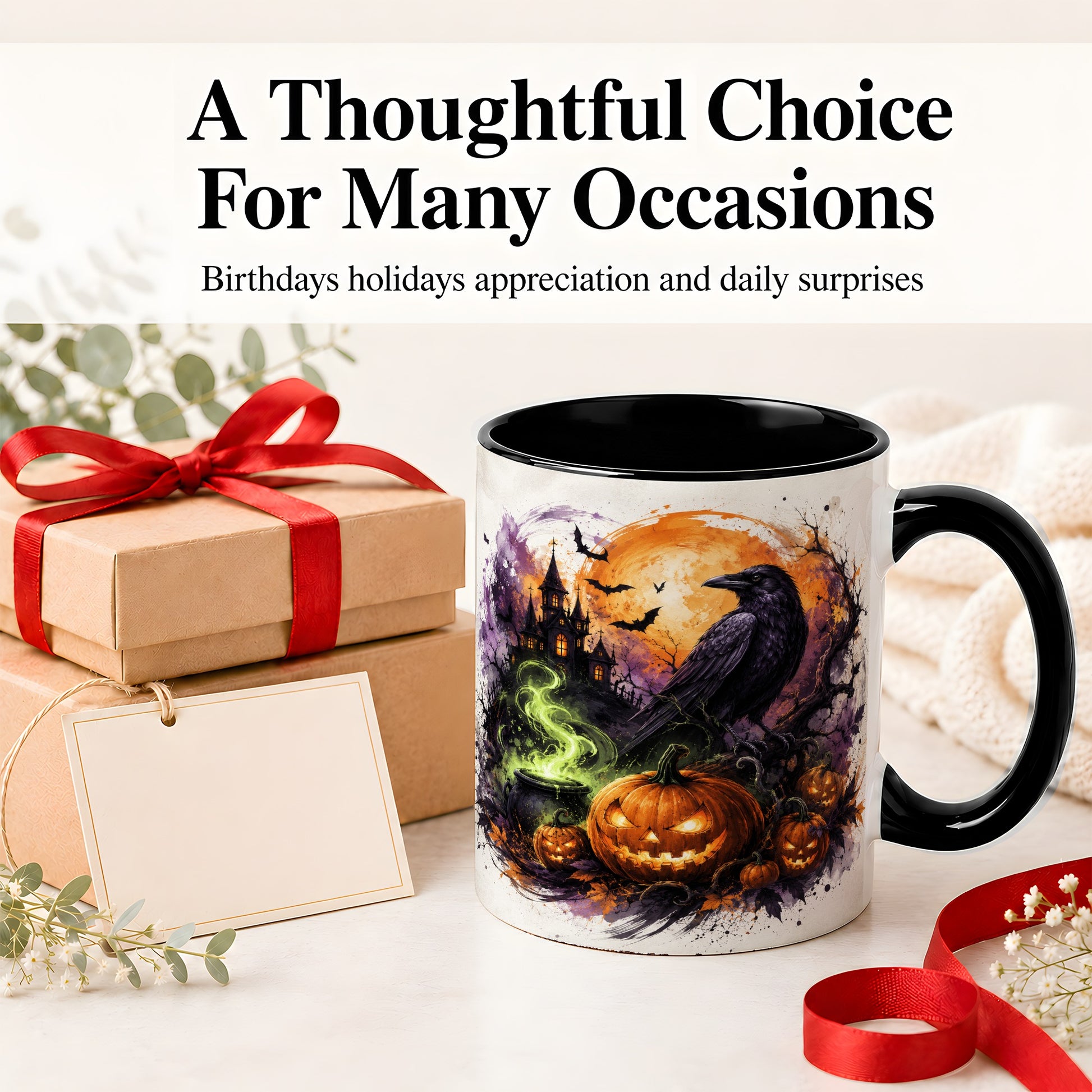 #pl[11oz|Black] Halloween Raven Ceramic Coffee Cup, Mug with Pumpkin Artwork