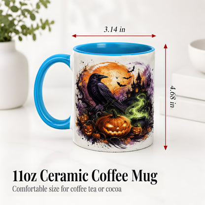 #pl[11oz|Blue] Halloween Raven Ceramic Coffee Cup, Mug with Pumpkin Artwork