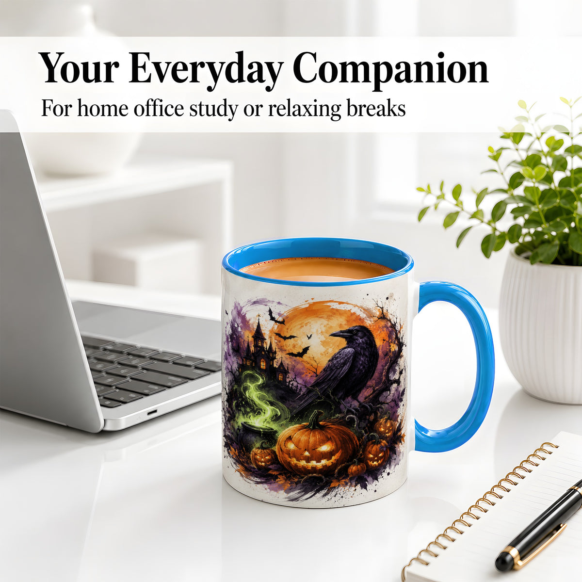 #pl[11oz|Blue] Halloween Raven Ceramic Coffee Cup, Mug with Pumpkin Artwork
