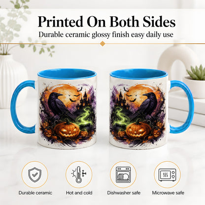 #pl[11oz|Blue] Halloween Raven Ceramic Coffee Cup, Mug with Pumpkin Artwork