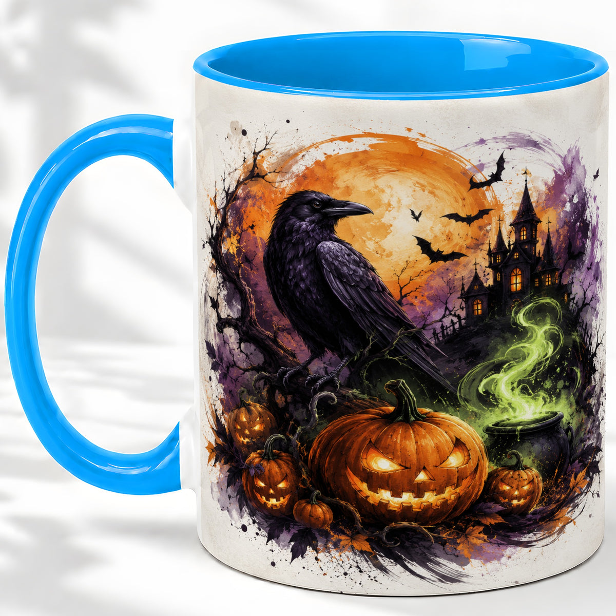 #pl[11oz|Blue] Halloween Raven Ceramic Coffee Cup, Mug with Pumpkin Artwork