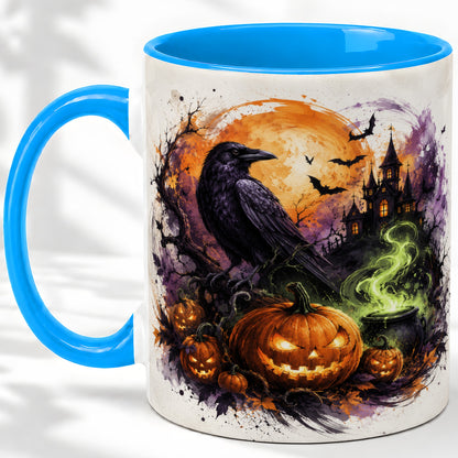 #pl[11oz|Blue] Halloween Raven Ceramic Coffee Cup, Mug with Pumpkin Artwork