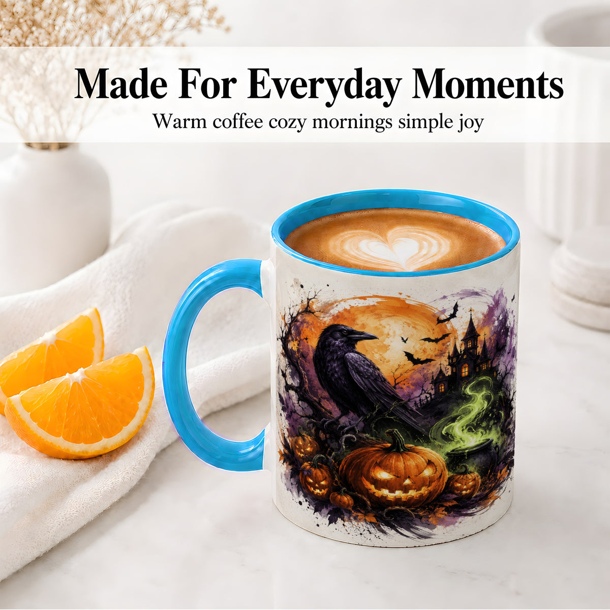 #pl[11oz|Blue] Halloween Raven Ceramic Coffee Cup, Mug with Pumpkin Artwork