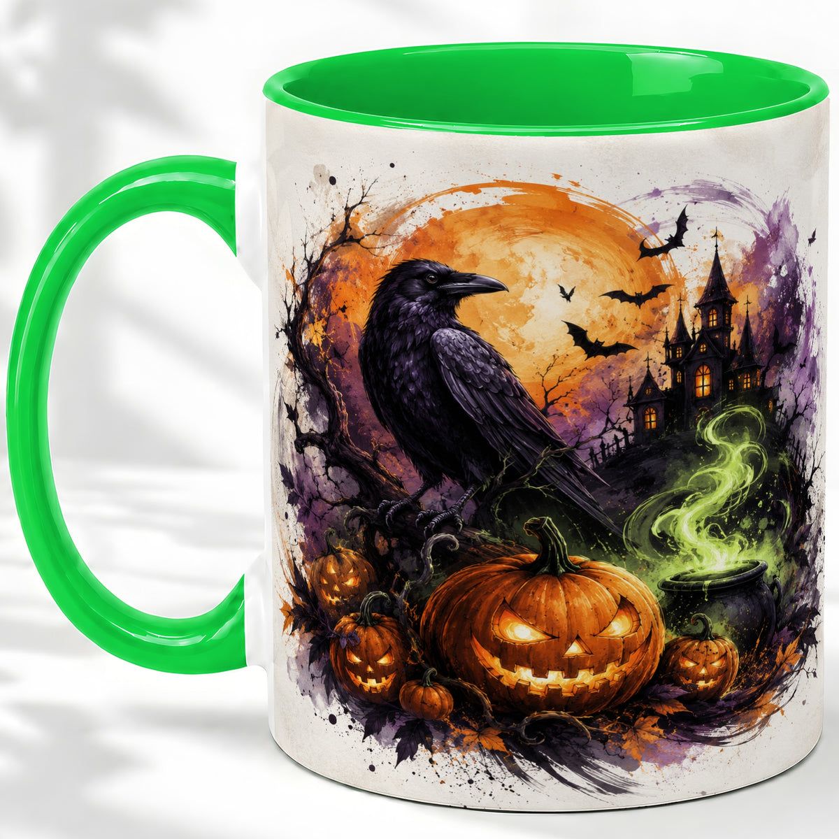 #pl[11oz|Green] Halloween Raven Ceramic Coffee Cup, Mug with Pumpkin Artwork