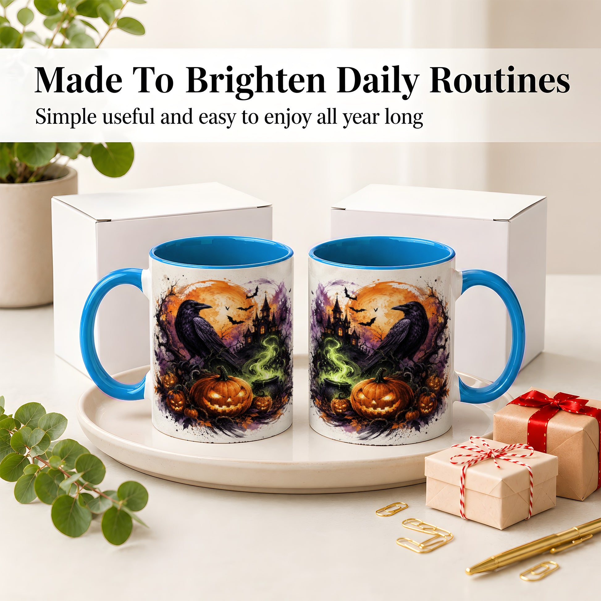 #pl[11oz|Blue] Halloween Raven Ceramic Coffee Cup, Mug with Pumpkin Artwork
