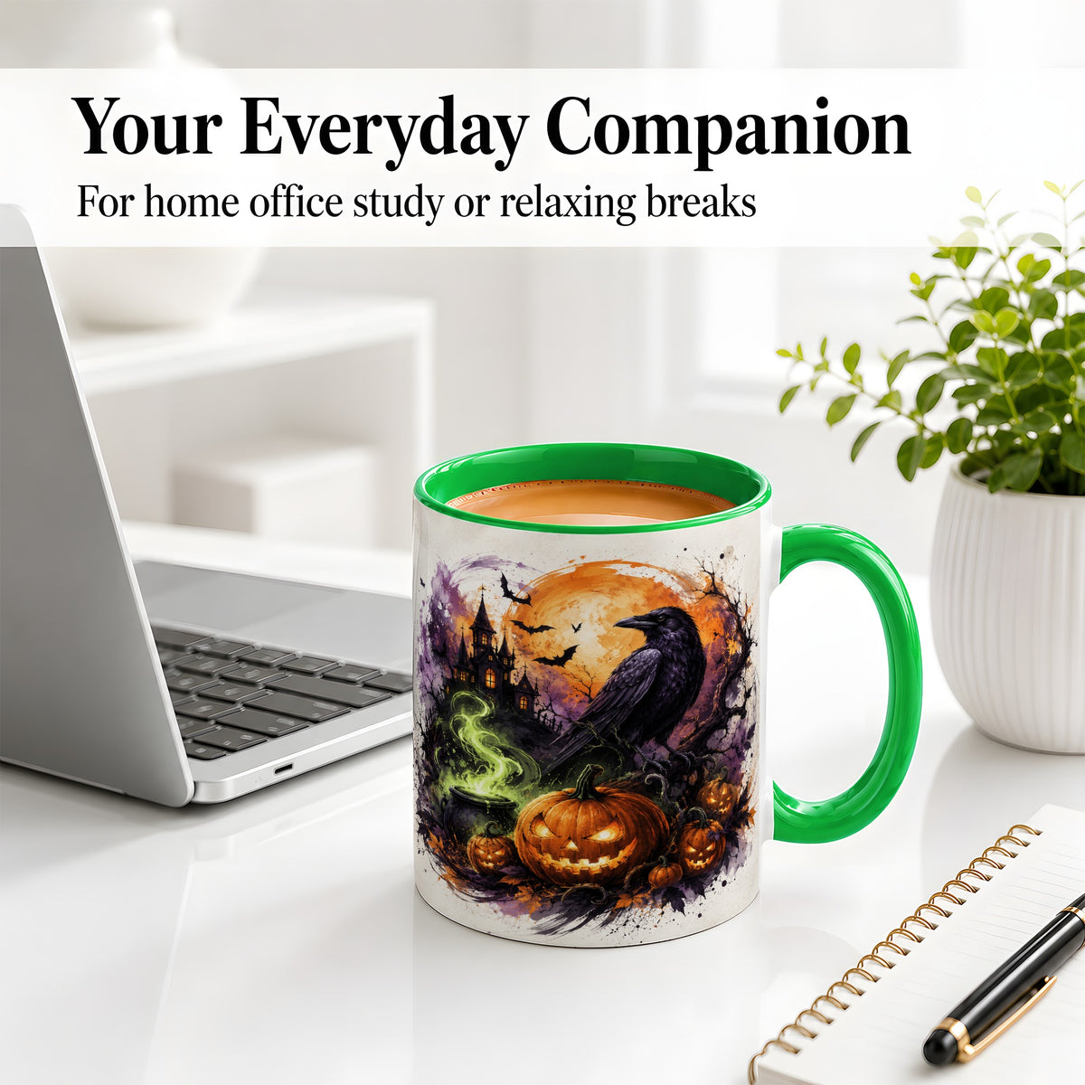 #pl[11oz|Green] Halloween Raven Ceramic Coffee Cup, Mug with Pumpkin Artwork