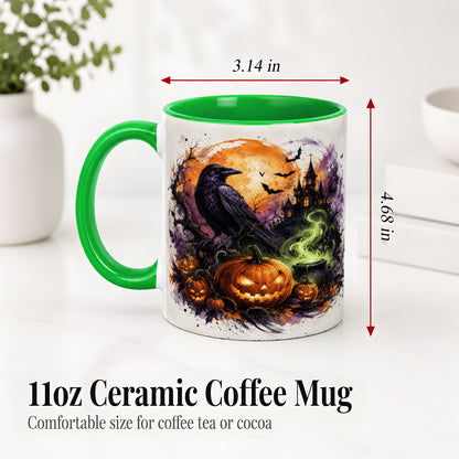 #pl[11oz|Green] Halloween Raven Ceramic Coffee Cup, Mug with Pumpkin Artwork