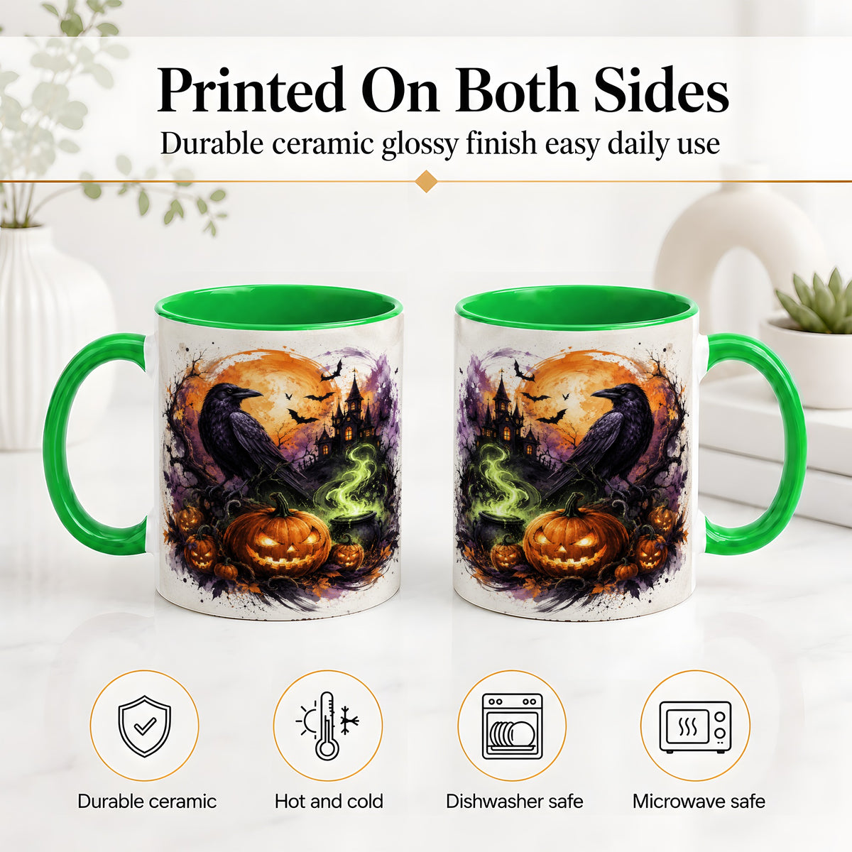 #pl[11oz|Green] Halloween Raven Ceramic Coffee Cup, Mug with Pumpkin Artwork
