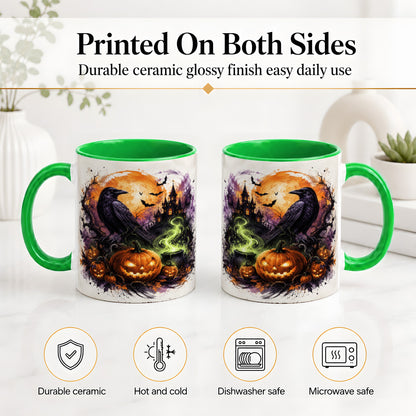 #pl[11oz|Green] Halloween Raven Ceramic Coffee Cup, Mug with Pumpkin Artwork