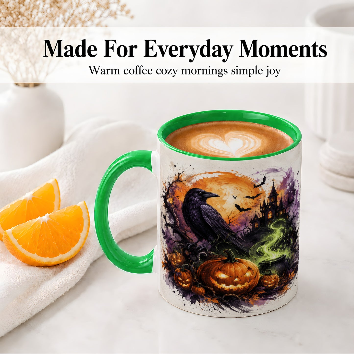 #pl[11oz|Green] Halloween Raven Ceramic Coffee Cup, Mug with Pumpkin Artwork